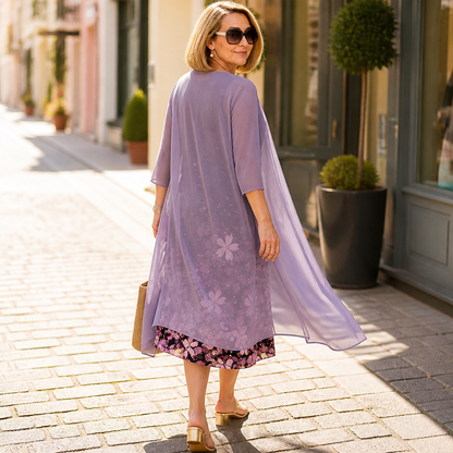 Elegant Floral Two Piece Set for Women with Open Front Chiffon Duster Sheath Dress Fall Wedding Guest Style