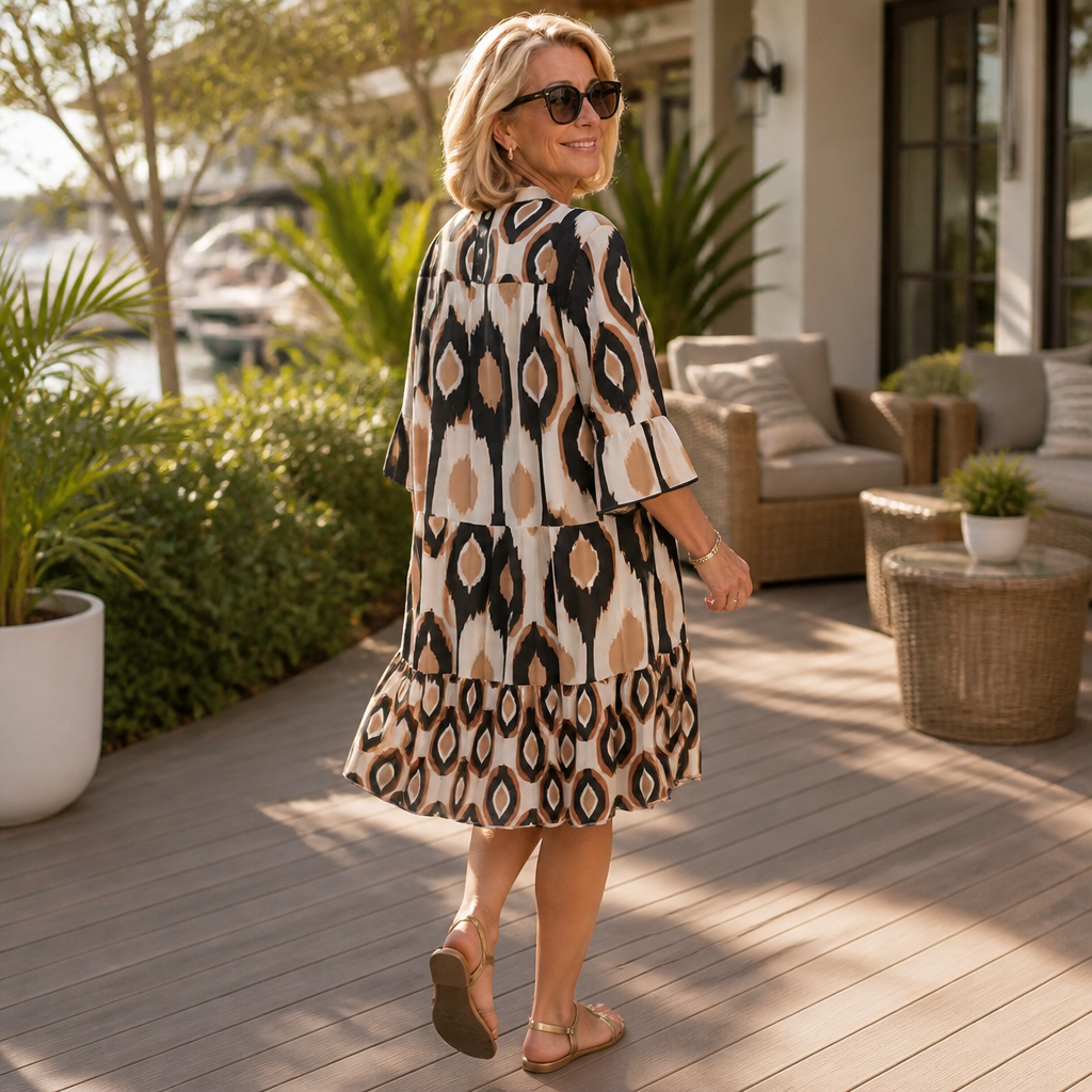 Effortless Ikat Print Tiered Shirt Dress for Women with V Neck Bell Sleeve Button Front Fall Style