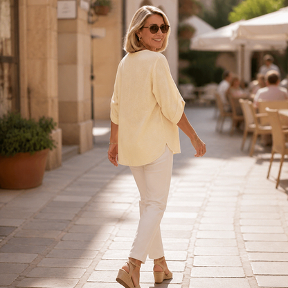 Effortless Embroidered Linen Blouse for Women with V Neck Batwing Sleeve Relaxed Tunic Style