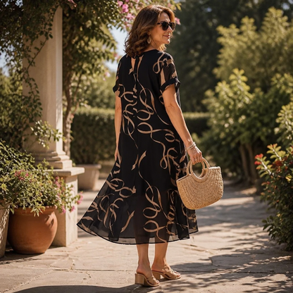 Elegant Black Ribbon Print Midi Dress for Women with V Neck Flutter Sleeve Sheer Hem Fall Flowing Style