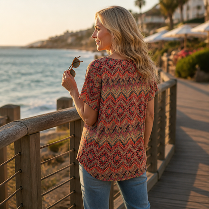 Effortless Boho Print Blouse for Women with V Neck Flutter Sleeve Relaxed Fall Style