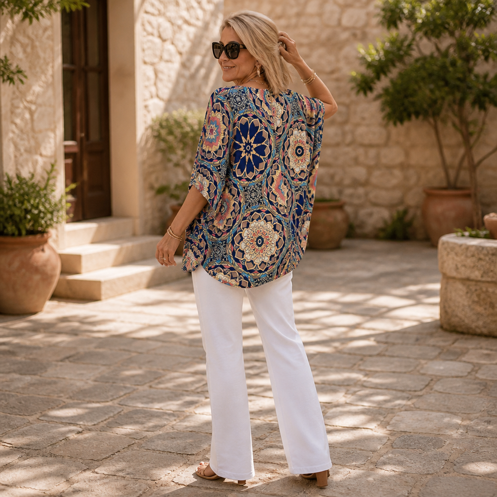 Effortless Mandala Print Poncho Blouse for Women with V Neck Batwing Sleeve Button Front Flowing Style