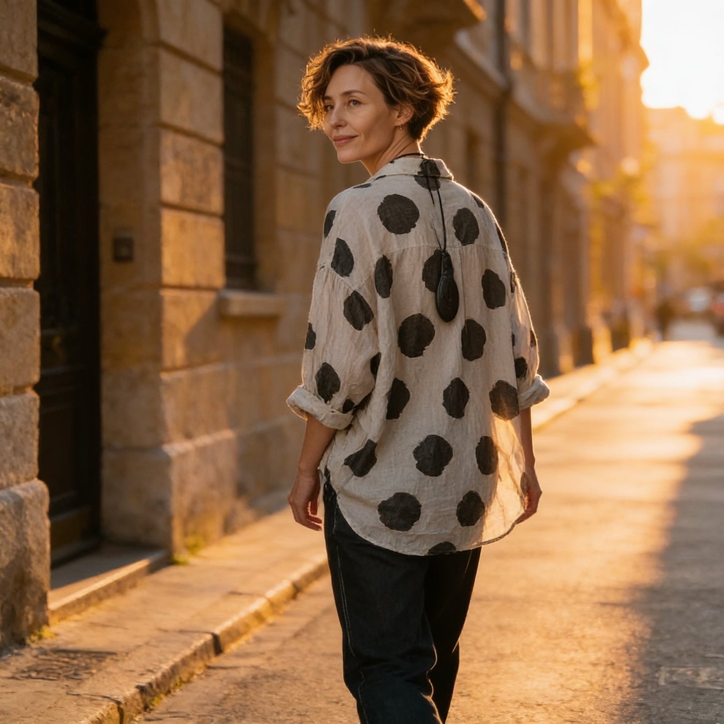 Comfortable Black Polka Dot Linen Blouse for Women with Collar Long Sleeve Oversized Fall Style