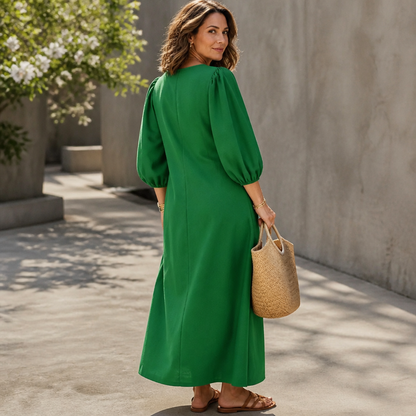 Effortless Button Front Maxi Dress for Women with Notched Neck Bishop Sleeve Flowing Fall Style