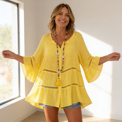 Effortless Crochet Trim Linen Mini Dress for Women with V Neck Bell Sleeve Button Front Boho Style