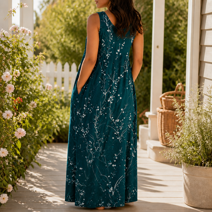 Effortless Floral Maxi Dress for Women with Scoop Neck Sleeveless Button Front Flowing Fall Style