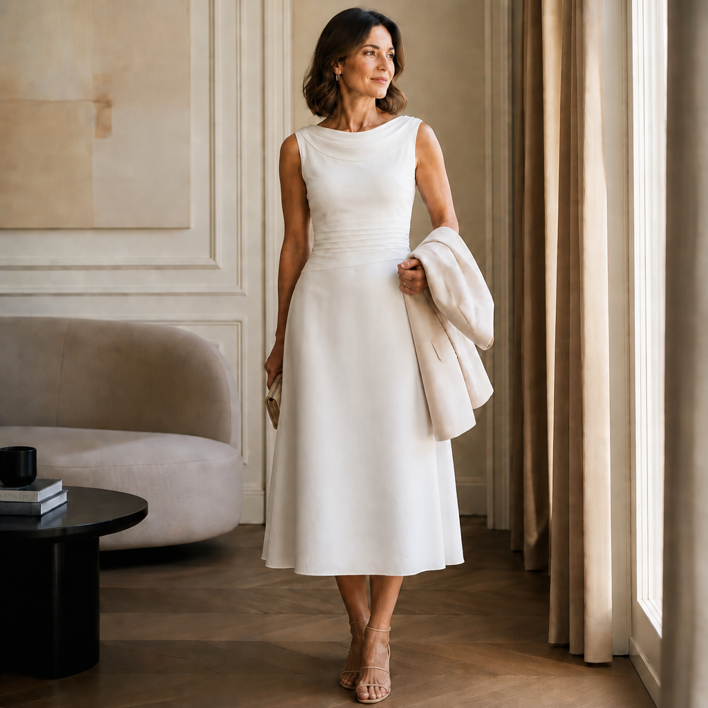 Elegant Draped Midi Dress for Women with Cowl Neck Sleeveless Pleated Waist Fall Wedding Guest Style