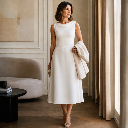 Elegant Draped Midi Dress for Women with Cowl Neck Sleeveless Pleated Waist Fall Wedding Guest Style