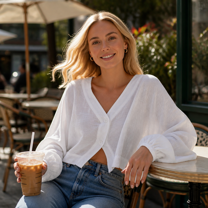 Effortless Linen Blouse for Women with V Neck Balloon Sleeve Button Front Cropped Casual Style