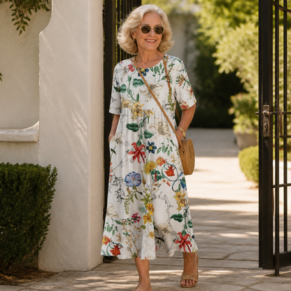 Effortless Floral Midi Dress for Women with Round Neck Elbow Sleeve Empire Waist Flowing Style