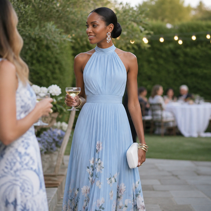 Elegant Blue Floral Maxi Dress for Women with Halter Neck Sleeveless Pleated Flowing Fall Wedding Guest Style