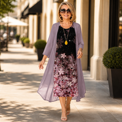 Elegant Floral Two Piece Set for Women with Open Front Chiffon Duster Sheath Dress Fall Wedding Guest Style