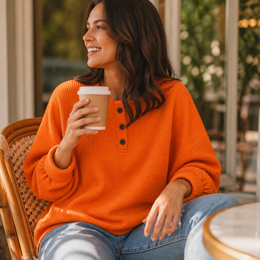 Comfortable Waffle Knit Henley Top for Women with Round Neck Long Sleeve Oversized Fall Style