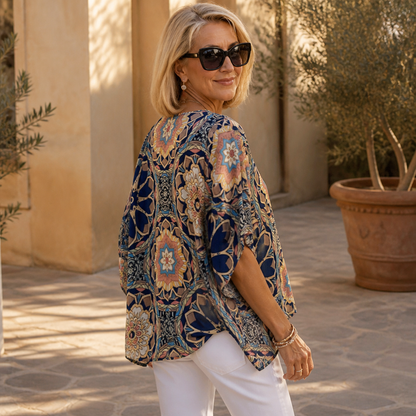 Effortless Mandala Print Poncho Blouse for Women with V Neck Batwing Sleeve Button Front Flowing Style
