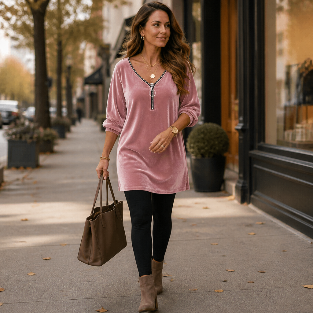 Effortless Velvet Mini Dress for Women with Zip Front V Neck Elbow Sleeve Relaxed Fall Style