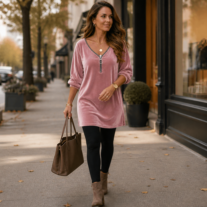 Effortless Velvet Mini Dress for Women with Zip Front V Neck Elbow Sleeve Relaxed Fall Style