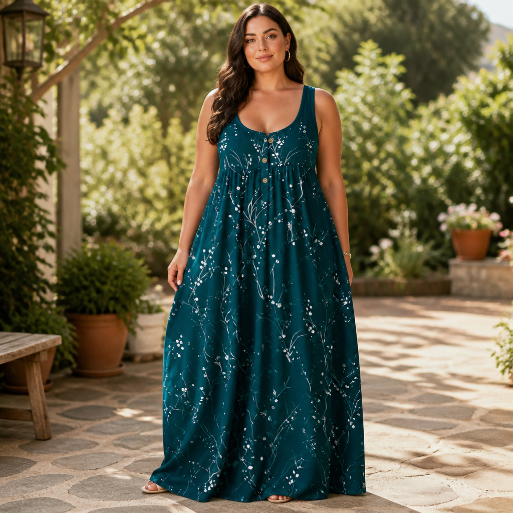 Effortless Plus Size Floral Maxi Dress for Women with Scoop Neck Sleeveless Button Front Autumn Style