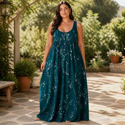Effortless Plus Size Floral Maxi Dress for Women with Scoop Neck Sleeveless Button Front Autumn Style