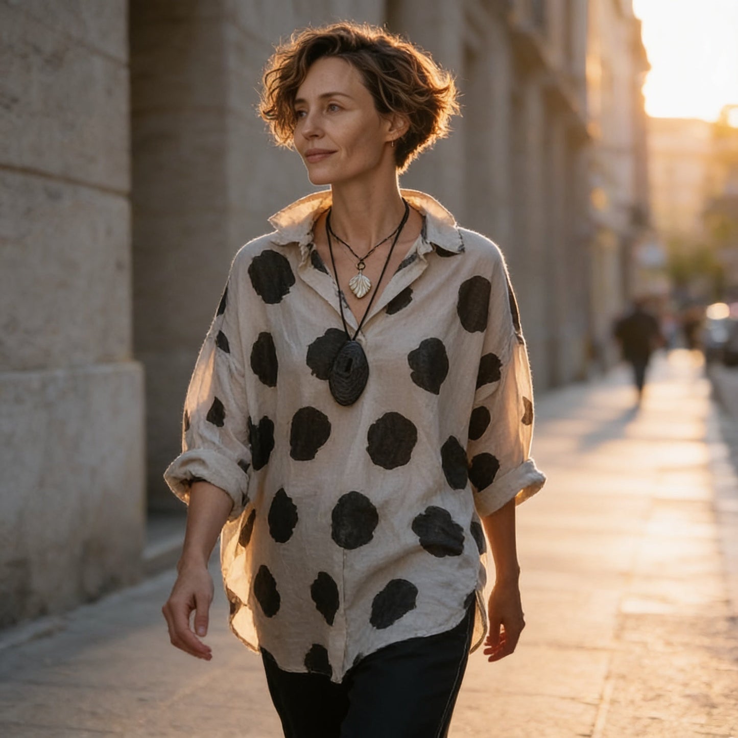 Comfortable Black Polka Dot Linen Blouse for Women with Collar Long Sleeve Oversized Fall Style