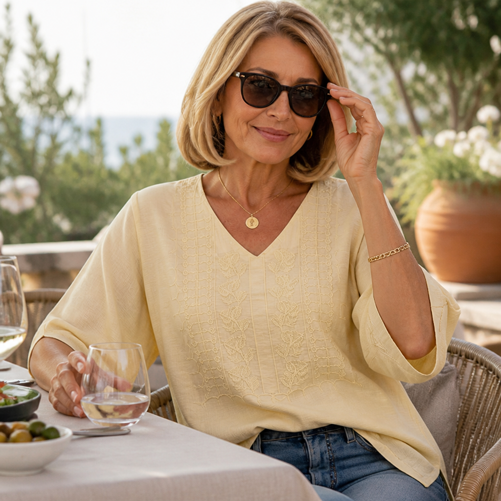 Effortless Embroidered Linen Blouse for Women with V Neck Batwing Sleeve Relaxed Tunic Style