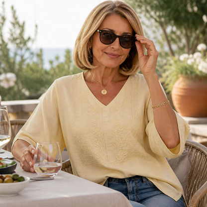 Effortless Embroidered Linen Blouse for Women with V Neck Batwing Sleeve Relaxed Tunic Style