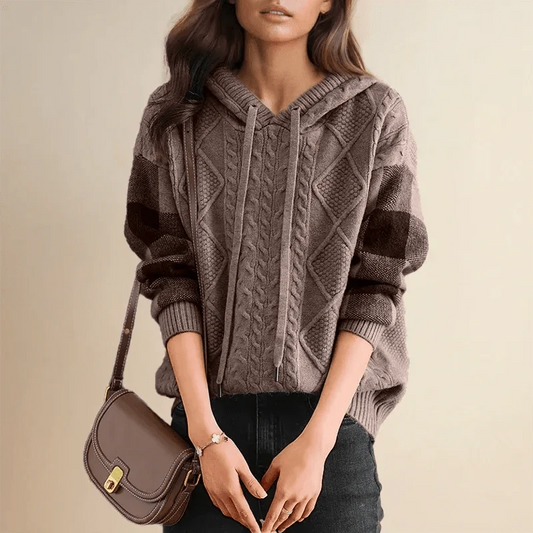 Comfortable Cable Knit Hoodie for Women with Drawstring Hood Long Sleeve Colorblock Oversized Style