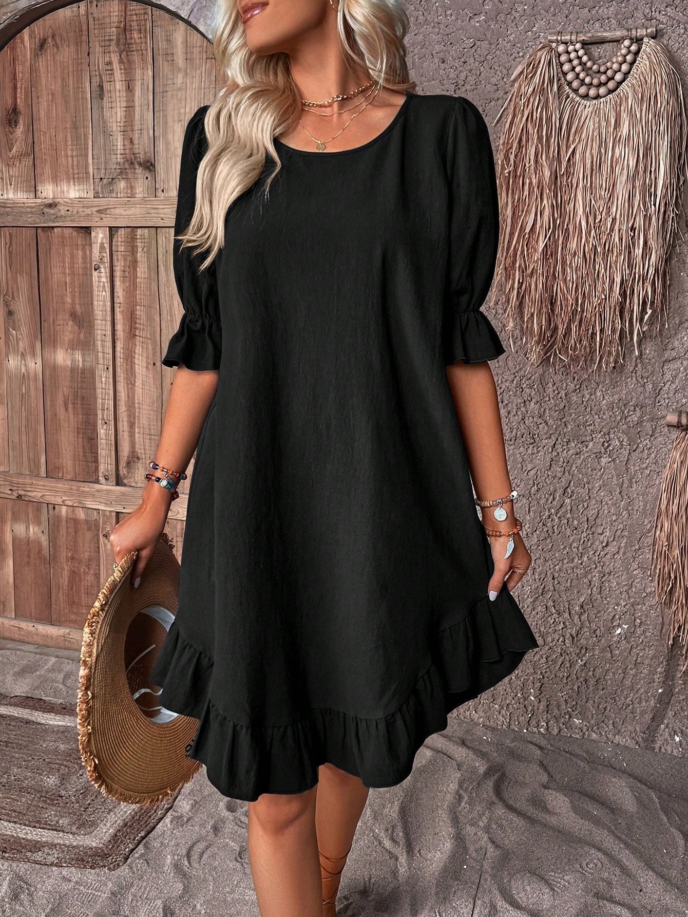 Effortless Linen A Line Dress for Women with Round Neck Puff Sleeve Ruffle Hem Mini Casual Summer Style