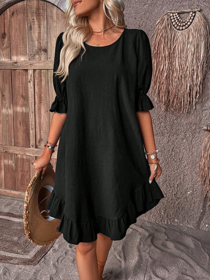 Effortless Linen A Line Dress for Women with Round Neck Puff Sleeve Ruffle Hem Mini Casual Summer Style