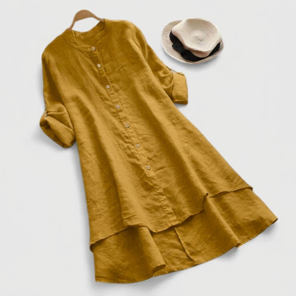 Comfortable Linen Tunic Dress for Women with Elbow Sleeve Button Front Tiered Hem Relaxed Style