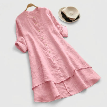 Comfortable Linen Tunic Dress for Women with Elbow Sleeve Button Front Tiered Hem Relaxed Style