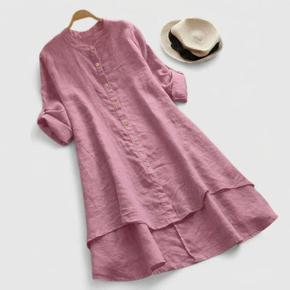 Comfortable Linen Tunic Dress for Women with Elbow Sleeve Button Front Tiered Hem Relaxed Style