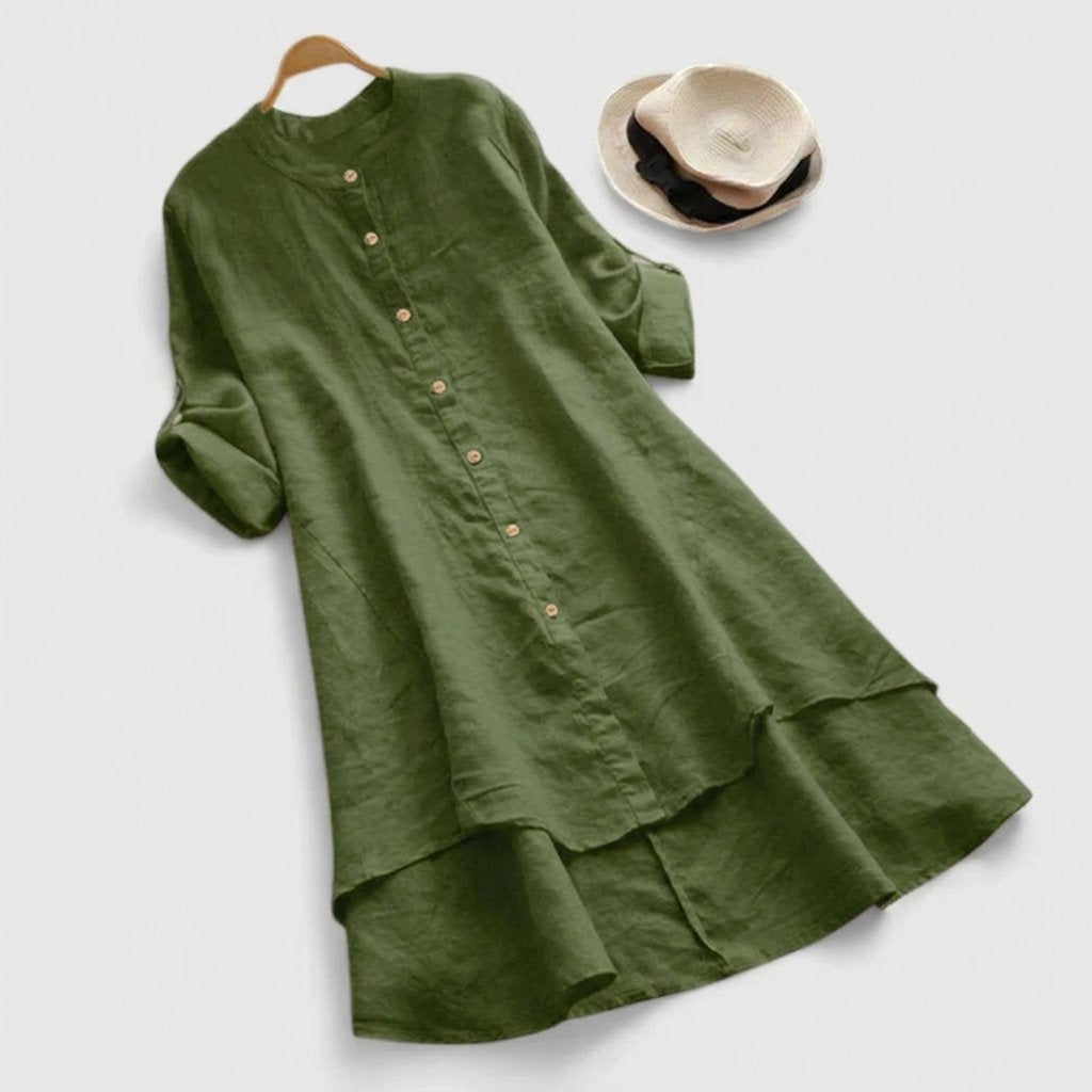 Comfortable Linen Tunic Dress for Women with Elbow Sleeve Button Front Tiered Hem Relaxed Style