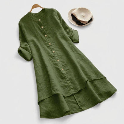 Comfortable Linen Tunic Dress for Women with Elbow Sleeve Button Front Tiered Hem Relaxed Style