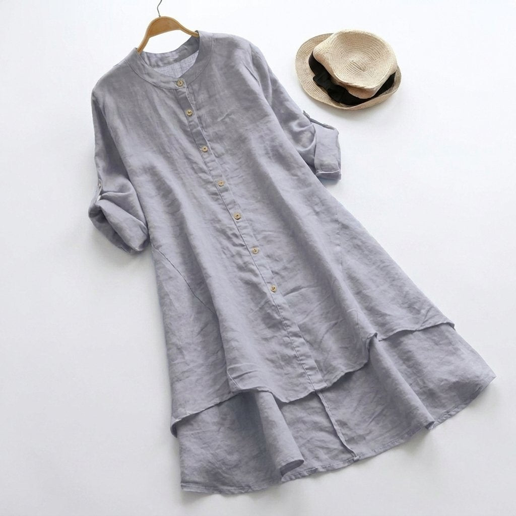 Comfortable Linen Tunic Dress for Women with Elbow Sleeve Button Front Tiered Hem Relaxed Style