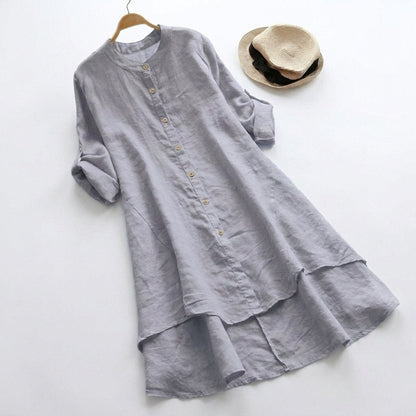 Comfortable Linen Tunic Dress for Women with Elbow Sleeve Button Front Tiered Hem Relaxed Style