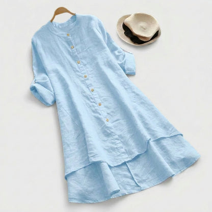 Comfortable Linen Tunic Dress for Women with Elbow Sleeve Button Front Tiered Hem Relaxed Style
