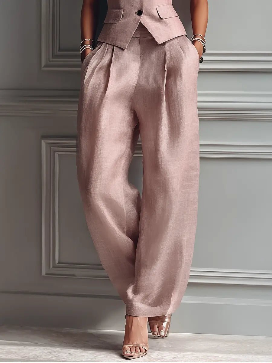 Elegant Linen Vest Wide Leg Pants Set for Women with Sleeveless Lapel Design