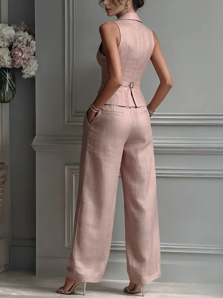 Elegant Linen Vest Wide Leg Pants Set for Women with Sleeveless Lapel Design