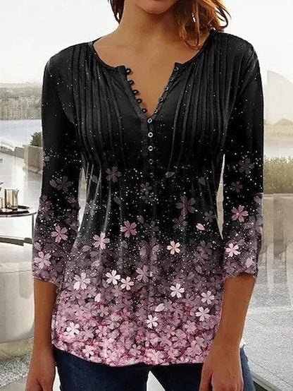Effortless Floral Blouses for Women with Long Sleeve Henley Button Placket Relaxed Fit