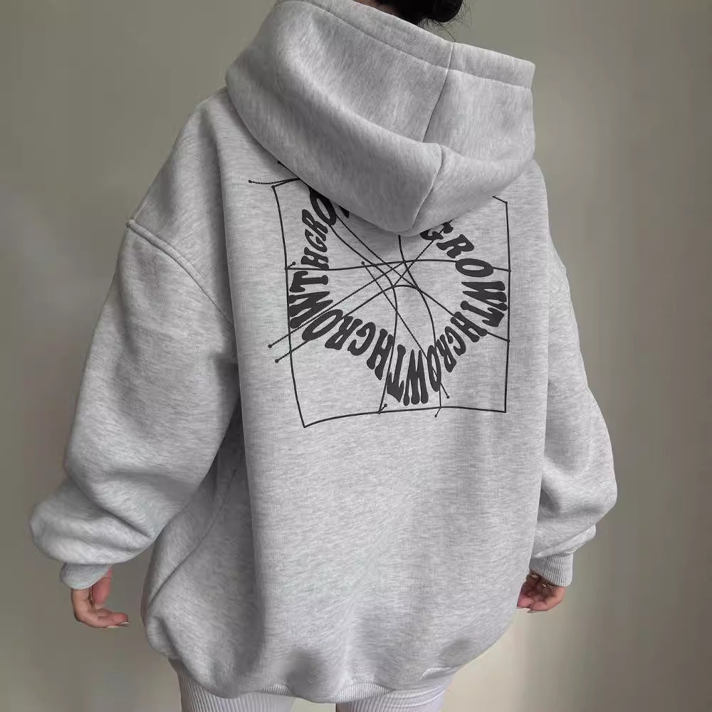 Comfortable Graphic Print Hoodie for Women with Drawstring Hood Long Sleeve Oversized Relaxed Style