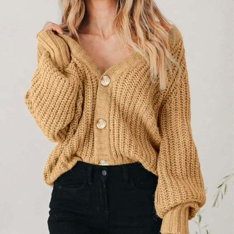 Comfortable Chunky Knit Cardigan for Women with V Neck Balloon Sleeve Button Front Oversized Style