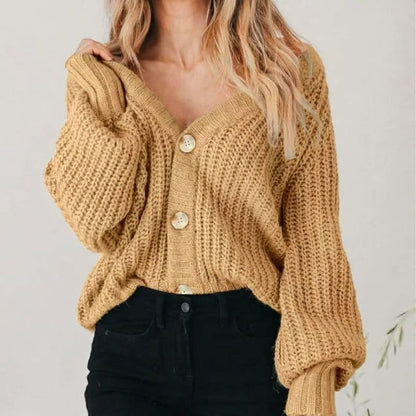 Comfortable Chunky Knit Cardigan for Women with V Neck Balloon Sleeve Button Front Oversized Style
