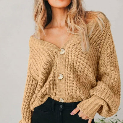Comfortable Chunky Knit Cardigan for Women with V Neck Balloon Sleeve Button Front Oversized Style