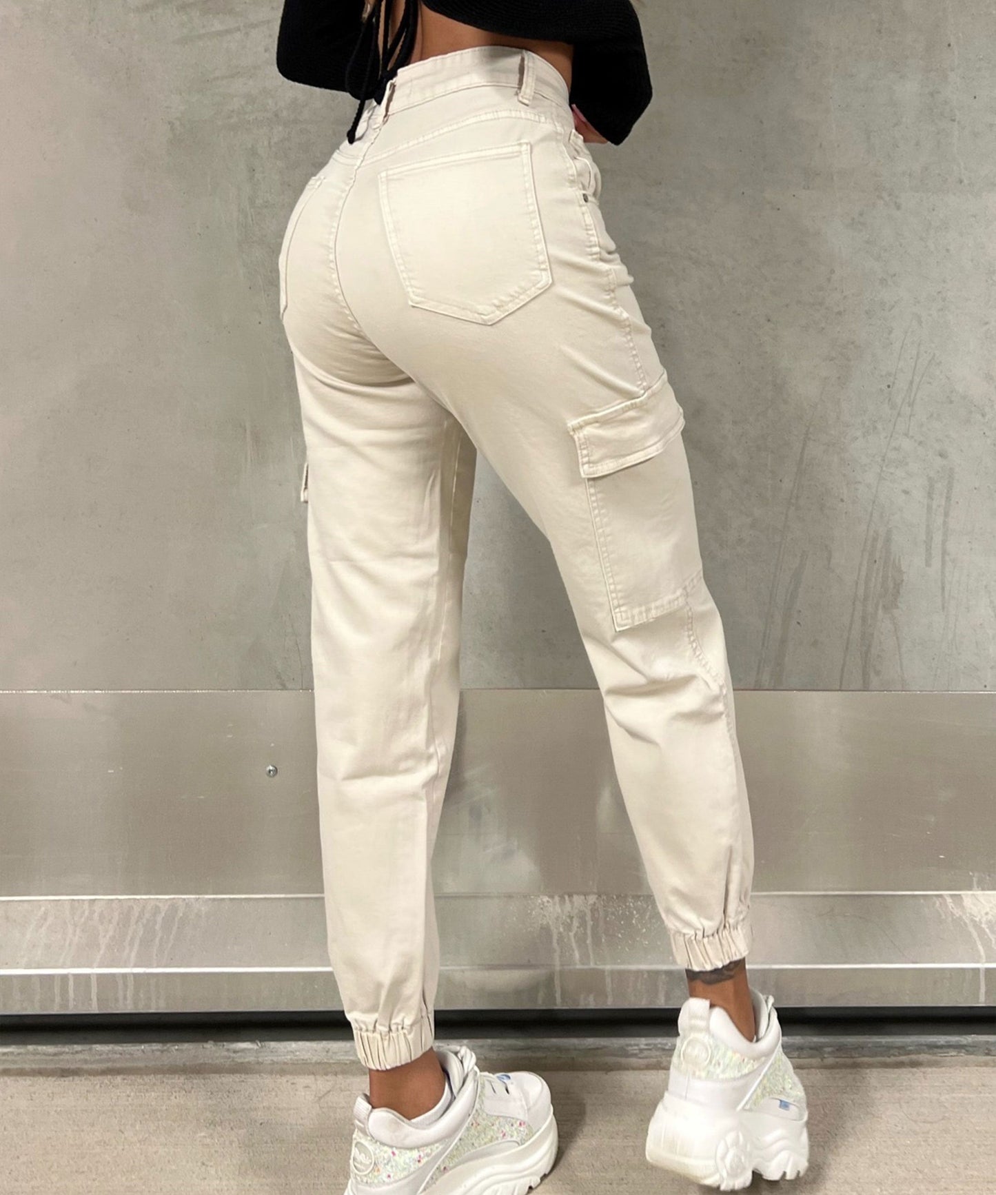 Effortless Cream Cargo Pants for Women with High Waist Tapered Jogger Relaxed Style