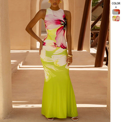 Elegant Floral Maxi Dress for Women with High Neck Sleeveless Bodycon Print Flowing Formal Style