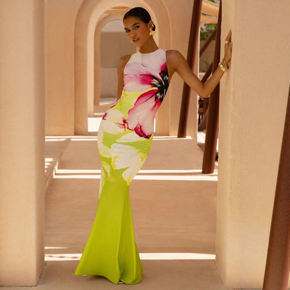 Elegant Floral Maxi Dress for Women with High Neck Sleeveless Bodycon Print Flowing Formal Style