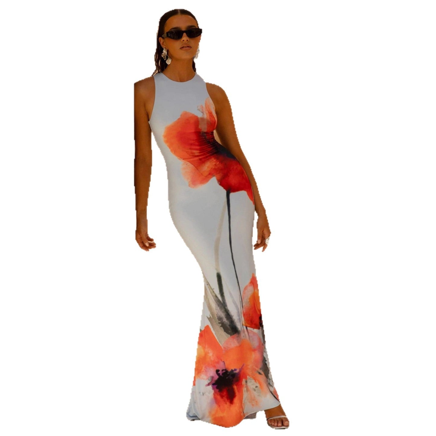 Elegant Floral Maxi Dress for Women with High Neck Sleeveless Bodycon Print Flowing Formal Style