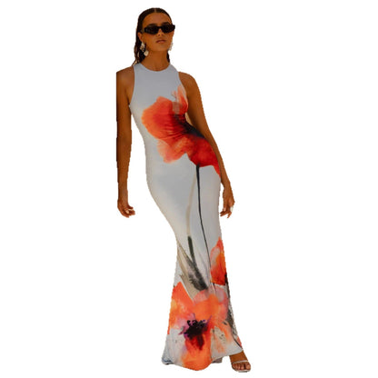 Elegant Floral Maxi Dress for Women with High Neck Sleeveless Bodycon Print Flowing Formal Style