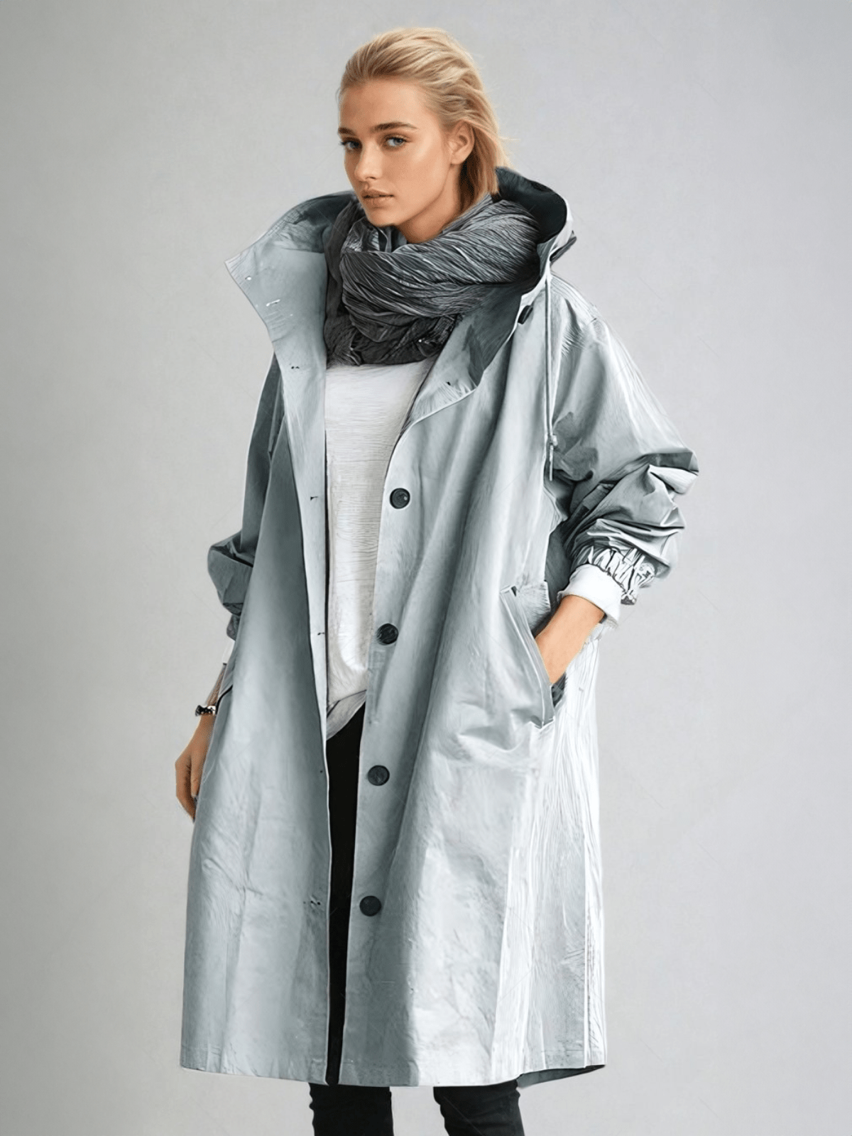 Effortless Oversized Trench Coat for Women with Hooded Collar Long Sleeve Button Front Relaxed Style