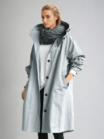 Effortless Oversized Trench Coat for Women with Hooded Collar Long Sleeve Button Front Relaxed Style